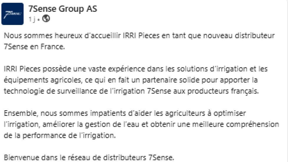 7SENSE : nouveau partenaire pour mieux piloter son irrigation